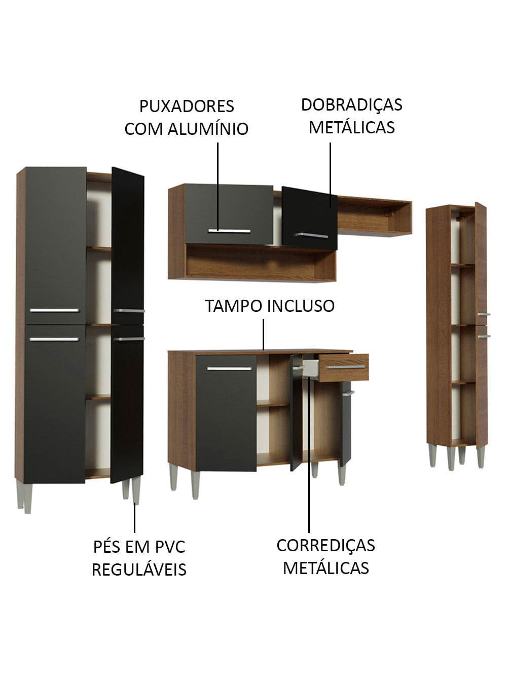 Armário de Cozinha Completa 261cm Rustic/Preto Emilly Hit Madesa