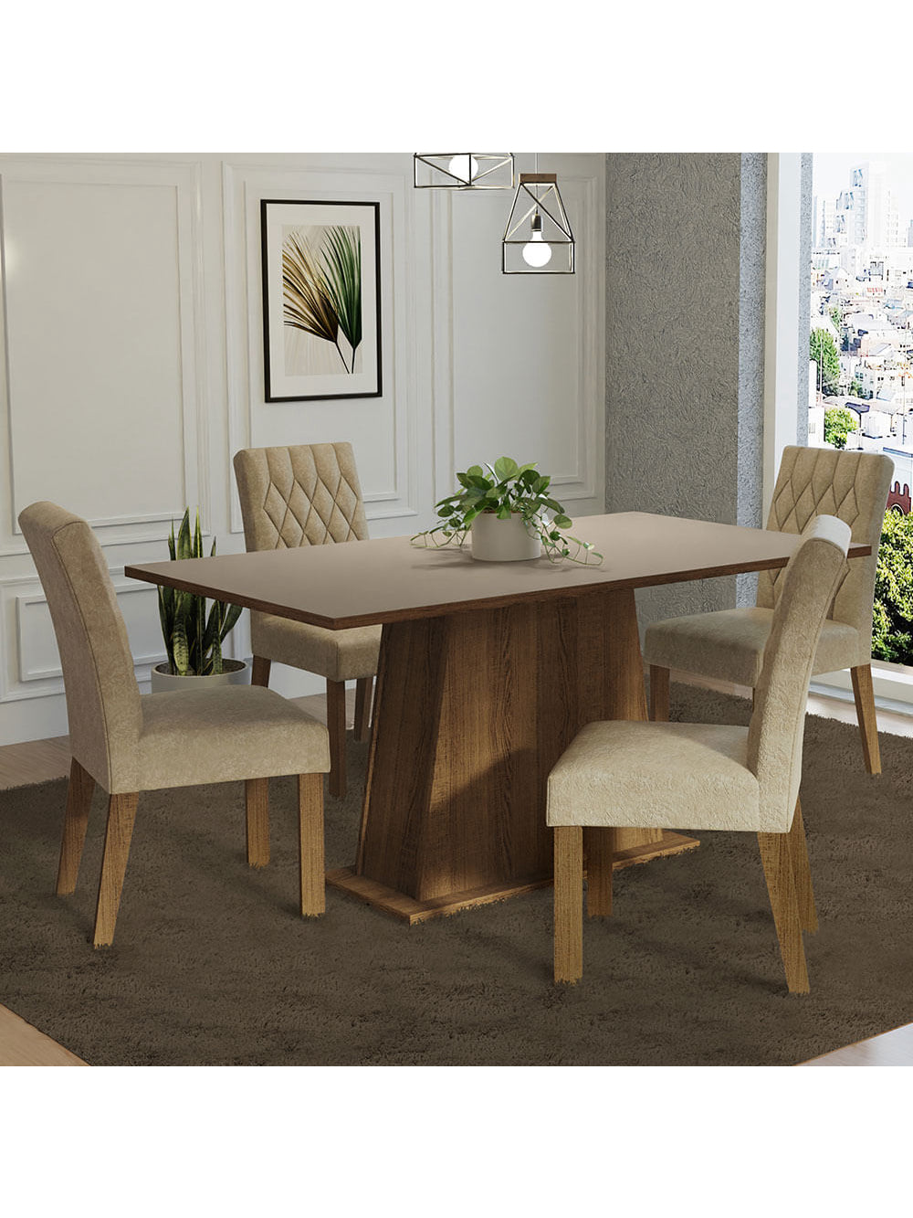Conjunto Sala de Jantar Mesa Tampo de Madeira 4 Cadeiras Rustic/Crema/Imperial Ashley Madesa - Rustic/Crema/Imperial