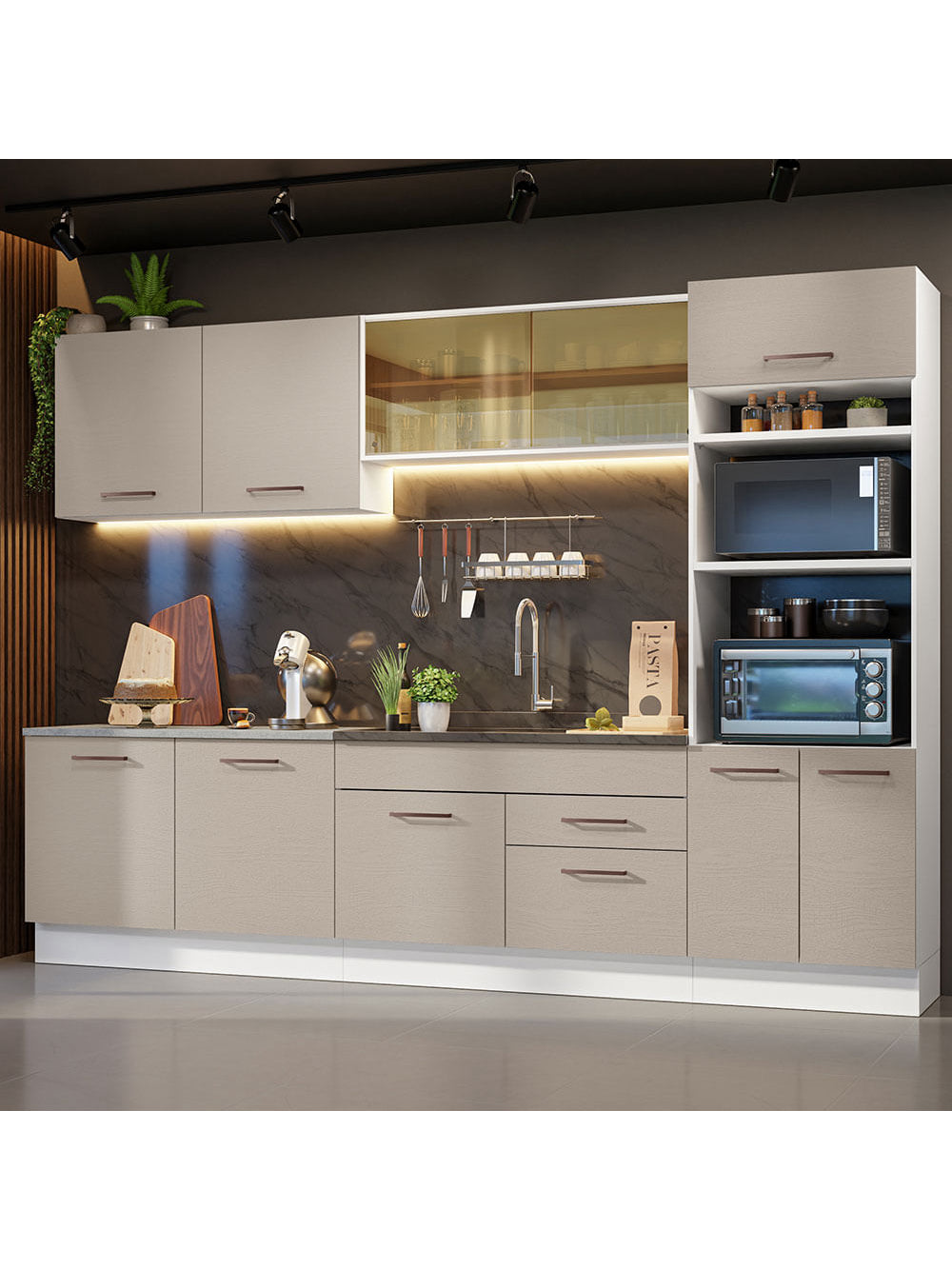 Armário de Cozinha Completa 310 cm Branco/Crema Agata Madesa 01 - Branco/Crema