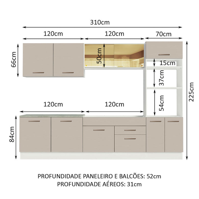 Armário de Cozinha Completa 310 cm Branco/Crema Agata Madesa 01