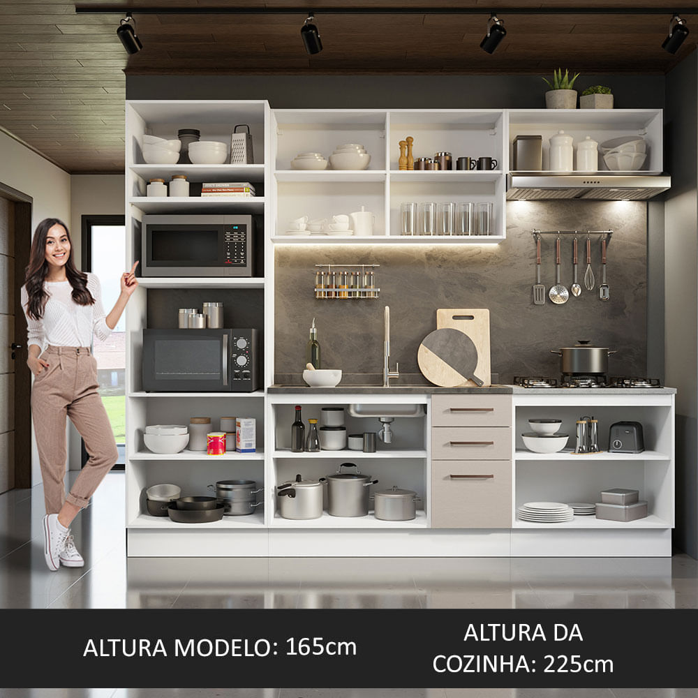 Armário de Cozinha Completa 270cm Branco/Crema Agata Madesa 01
