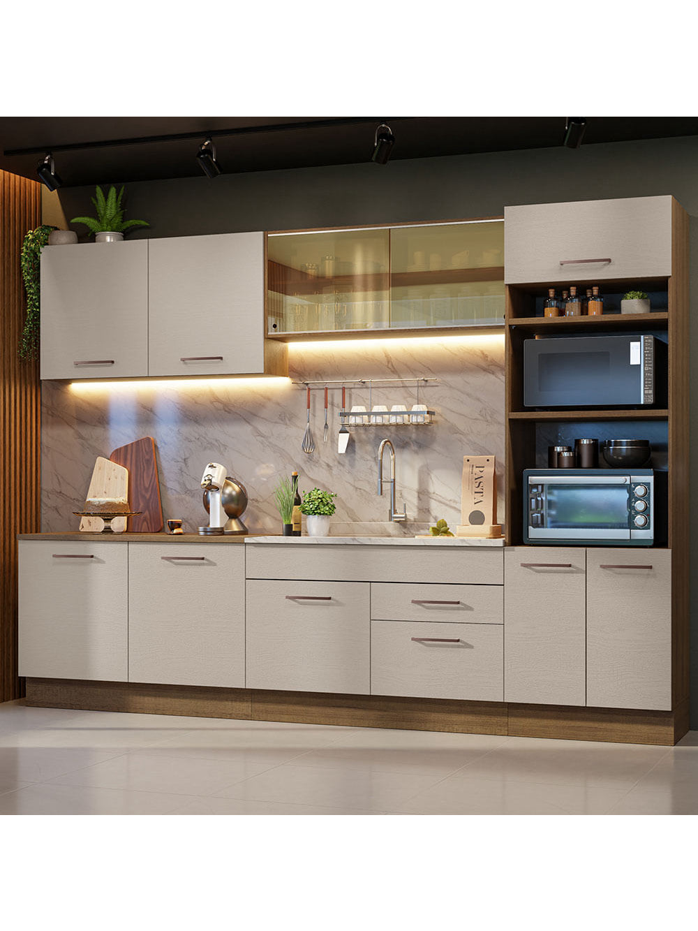 Armário de Cozinha Completa 310 cm Rustic/Crema Agata Madesa 01 - Rustic/Crema