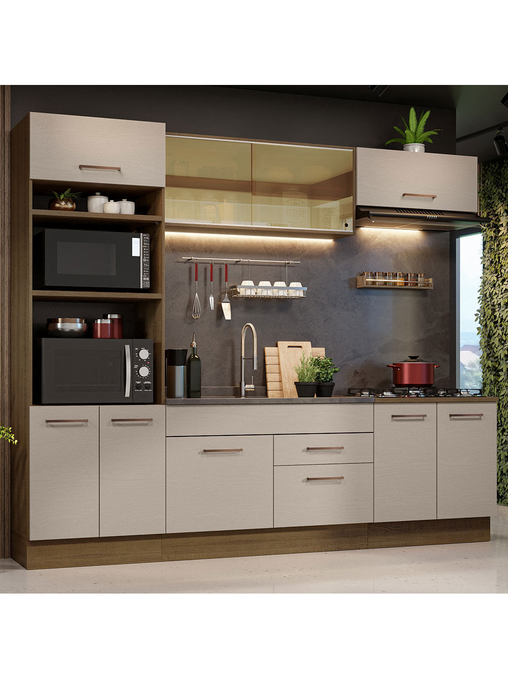 Armário de Cozinha Completa 270cm Rustic/Crema Agata Madesa 03 - Rustic/Crema