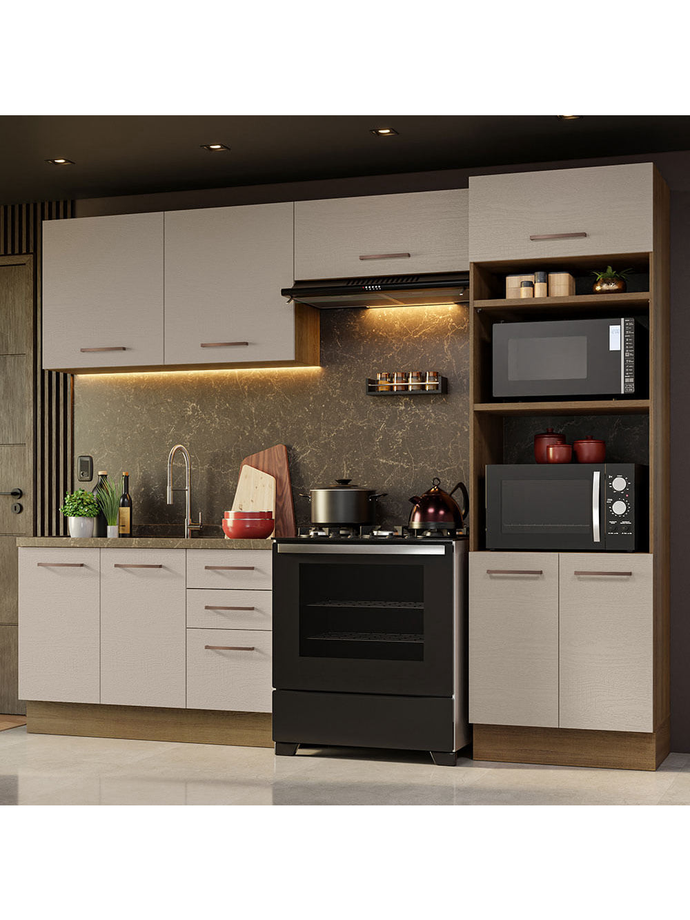 Armário de Cozinha Completa 270cm Rustic/Crema Agata Madesa 08 - Rustic/Crema