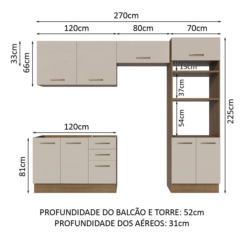 Armário de Cozinha Completa 270cm Rustic/Crema Agata Madesa 08