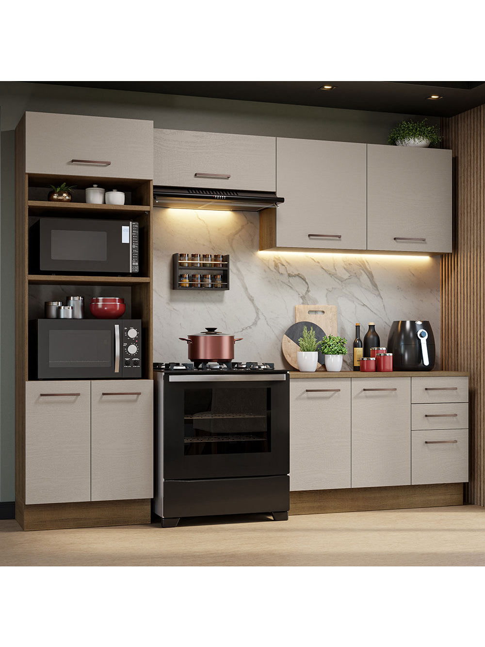 Armário de Cozinha Completa 270cm Rustic/Crema Agata Madesa 07 - Rustic/Crema