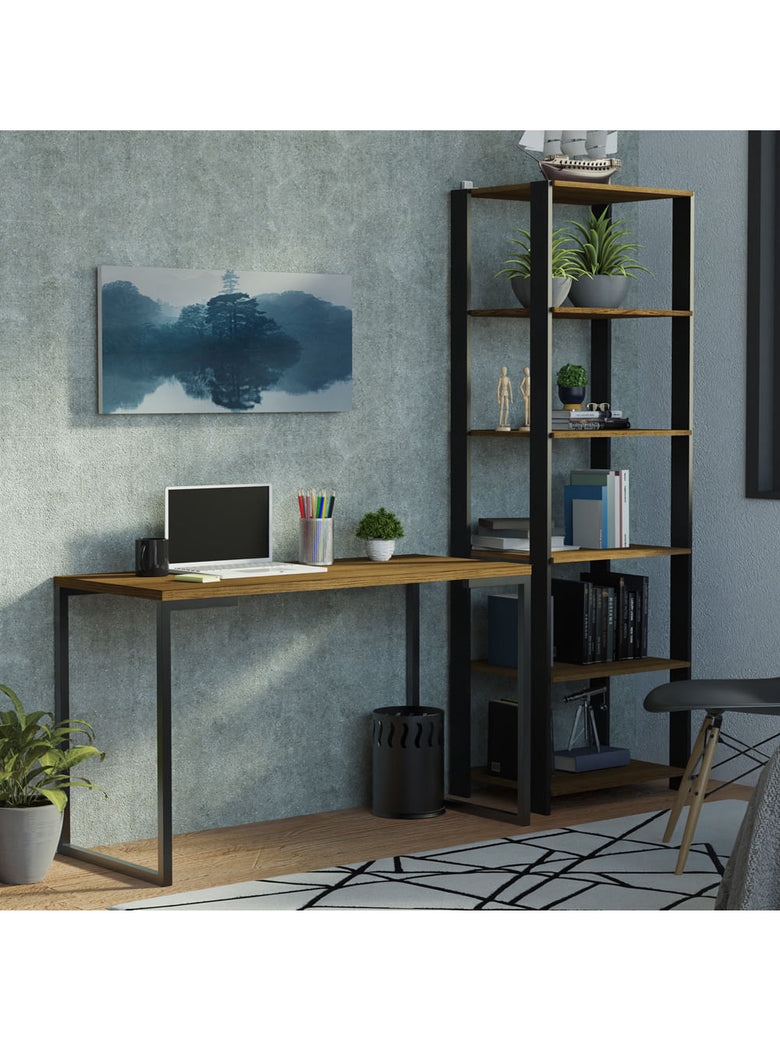 Conjunto Escritório Home Office com Mesa Industrial + Estante Preto/Rustic Madesa