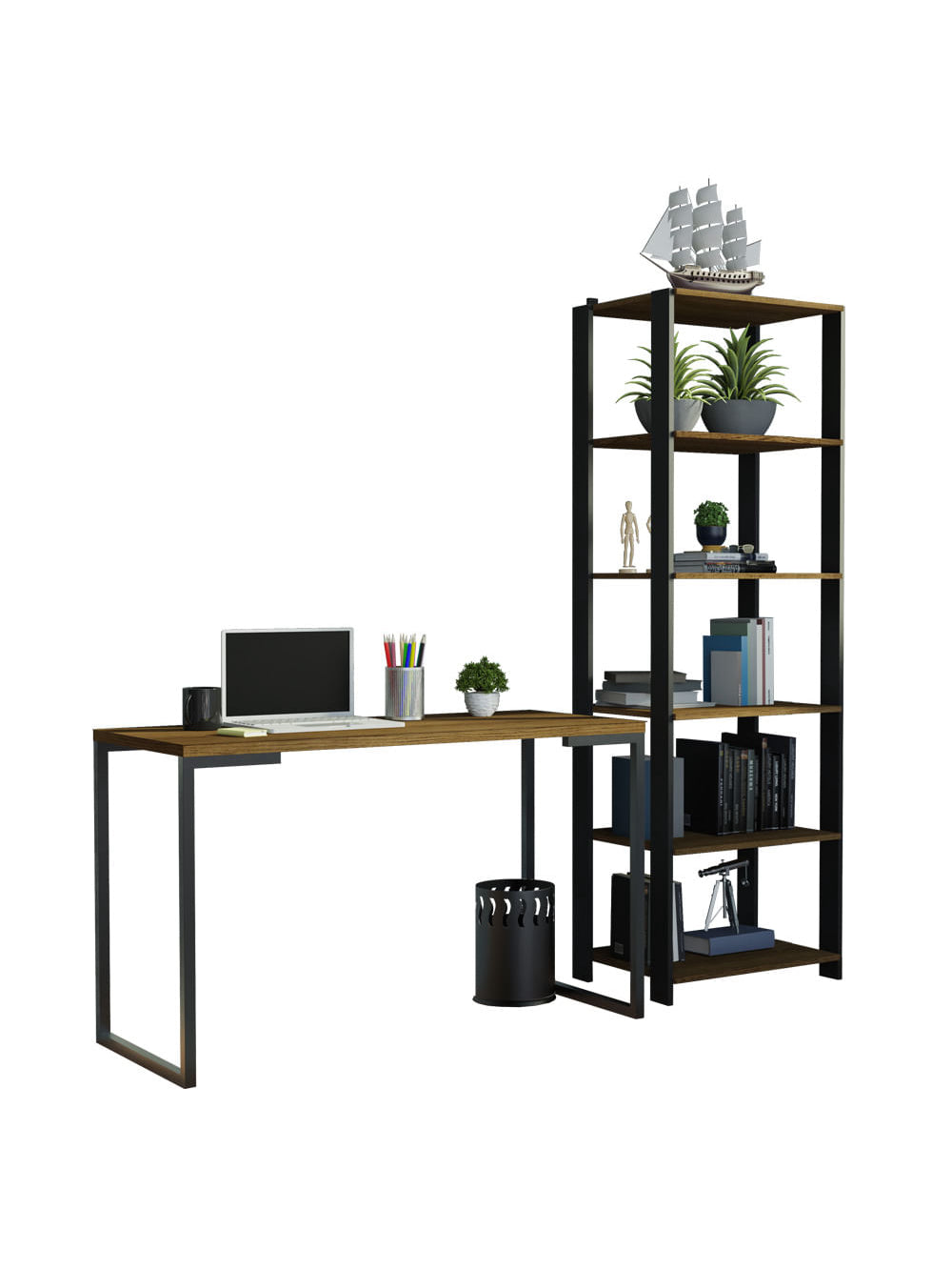 Conjunto Escritório Home Office com Mesa Industrial + Estante Preto/Rustic Madesa - Preto/Rustic