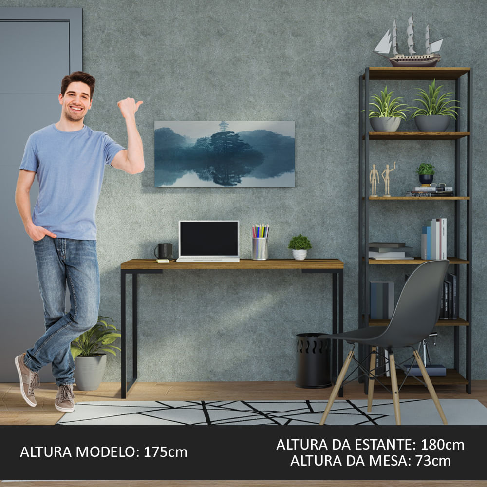 Conjunto Escritório Home Office com Mesa Industrial + Estante Preto/Rustic Madesa