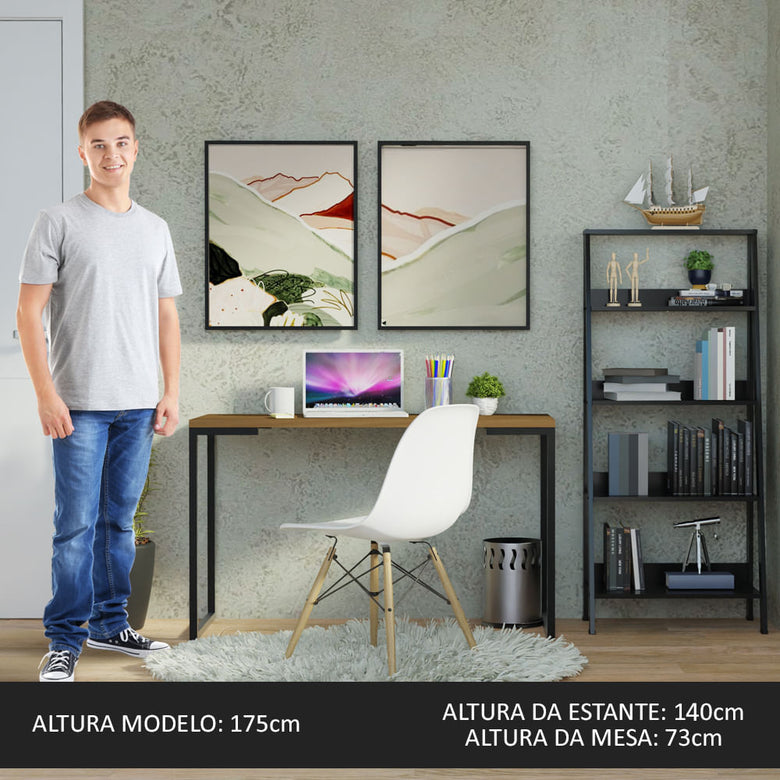 Conjunto Escritório Home Office com Mesa Industrial + Estante Escada Rustic/Preto Madesa