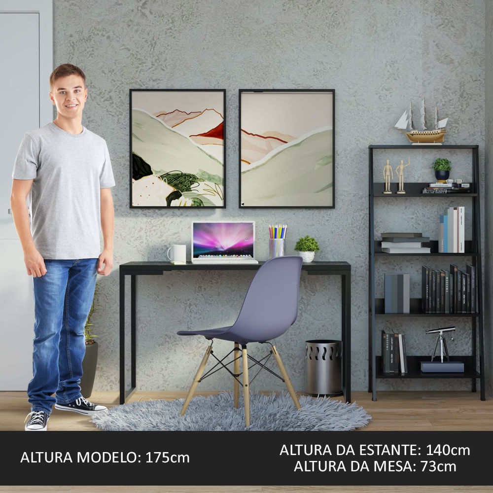 Conjunto Escritório Home Office com Mesa Industrial + Estante Escada Preto  Madesa