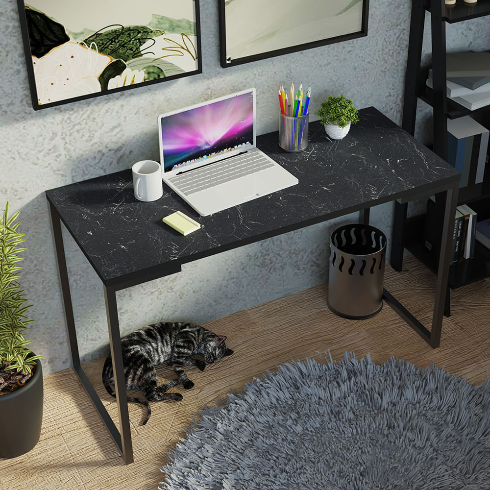 Conjunto Escritório Home Office com Mesa Industrial + Estante Escada Preto  Madesa