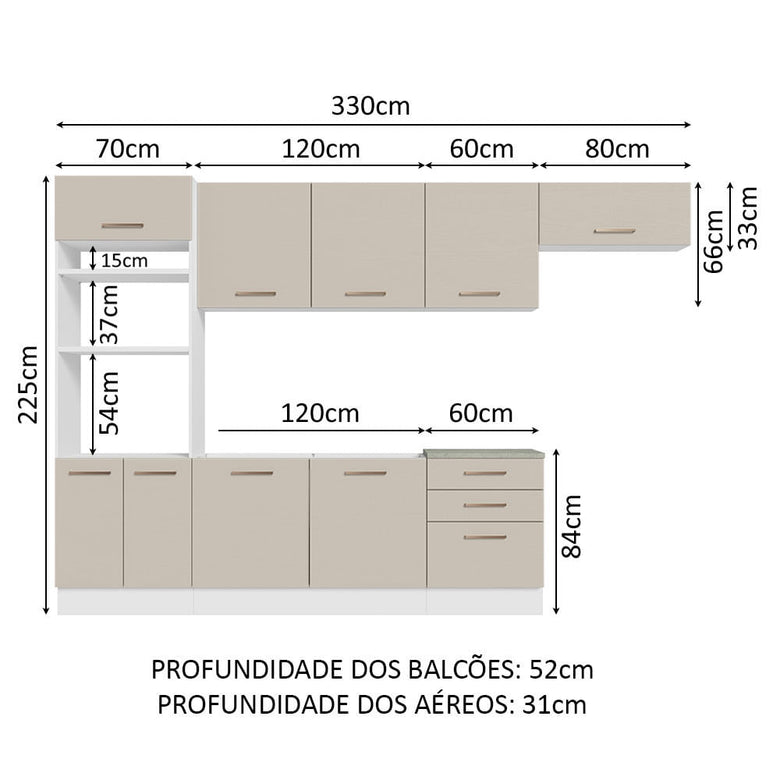 Armário de Cozinha Completa 330cm Branco/Crema Agata Madesa 01