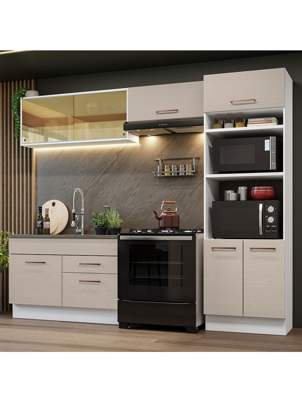 Armário de Cozinha Completa 270cm Branco/Crema Agata Madesa 05 - Branco/Crema