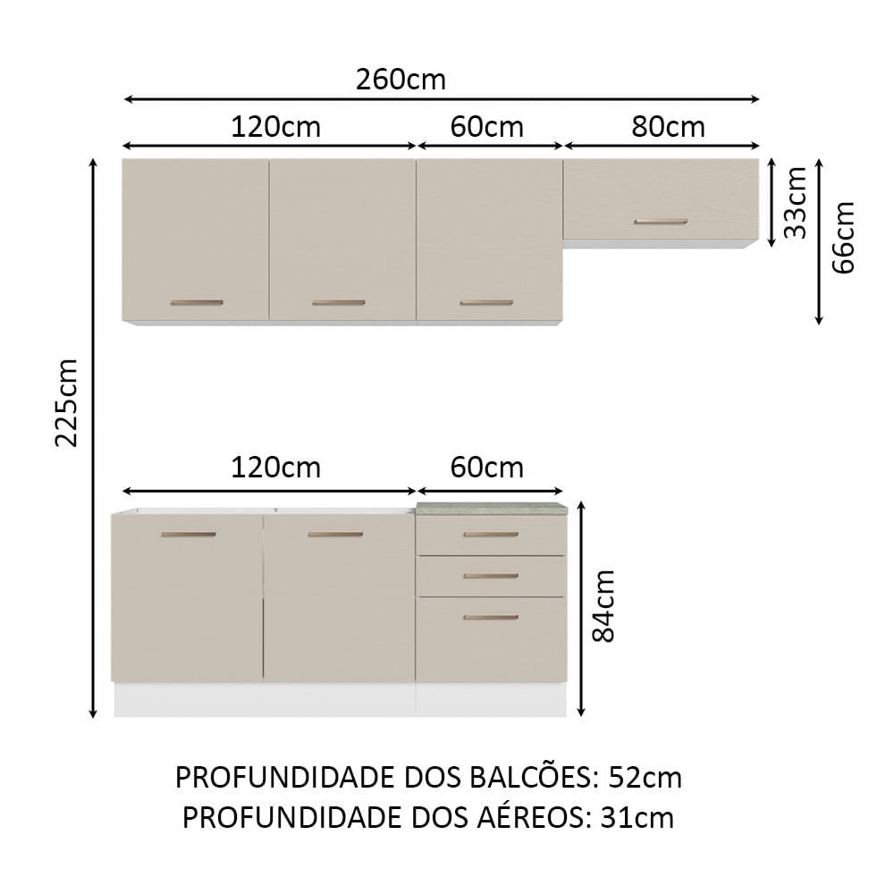 Armário de Cozinha Completa 260cm Branco/Crema Agata Madesa 02