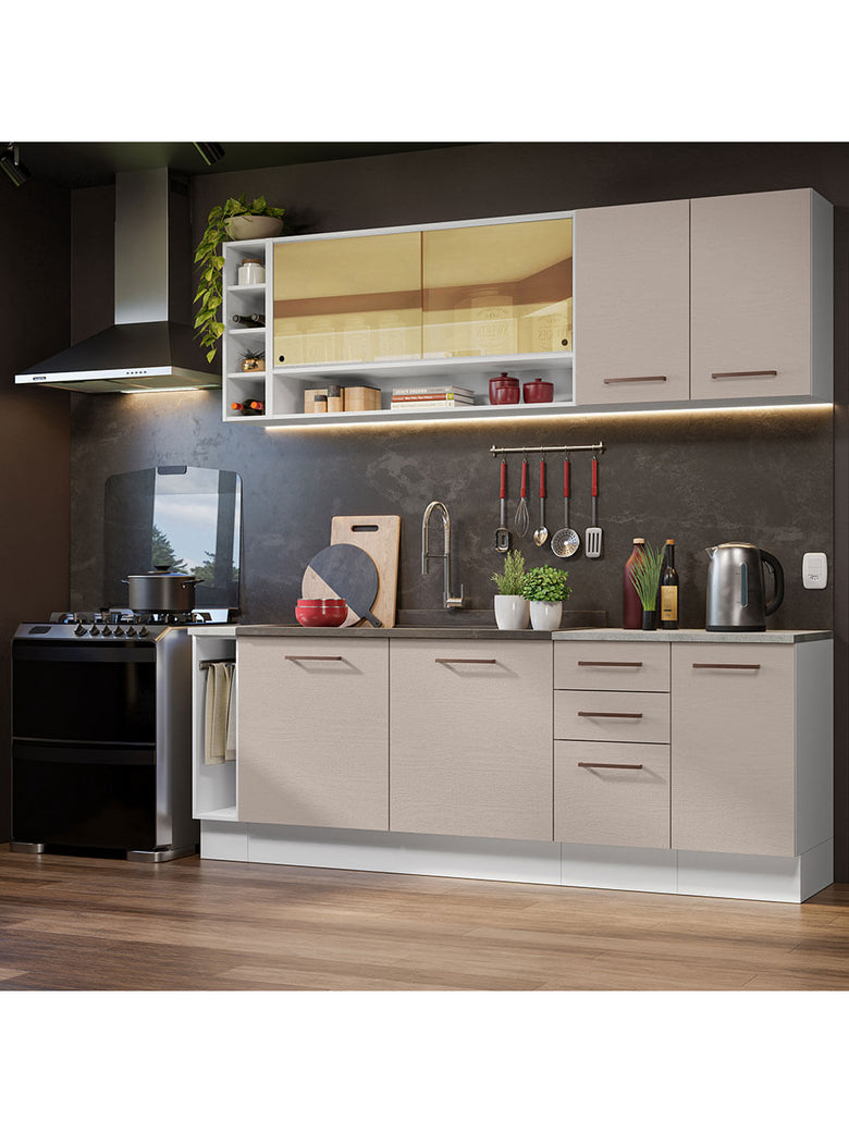 Armário de Cozinha Completa 220cm Branco/Crema Agata da Thêmis Madesa