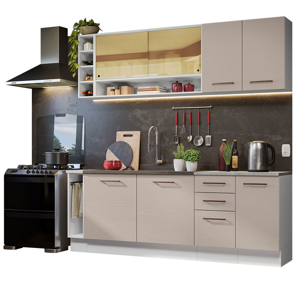 Armário de Cozinha Completa 220cm Branco/Crema Agata da Thêmis Madesa - Branco/Crema