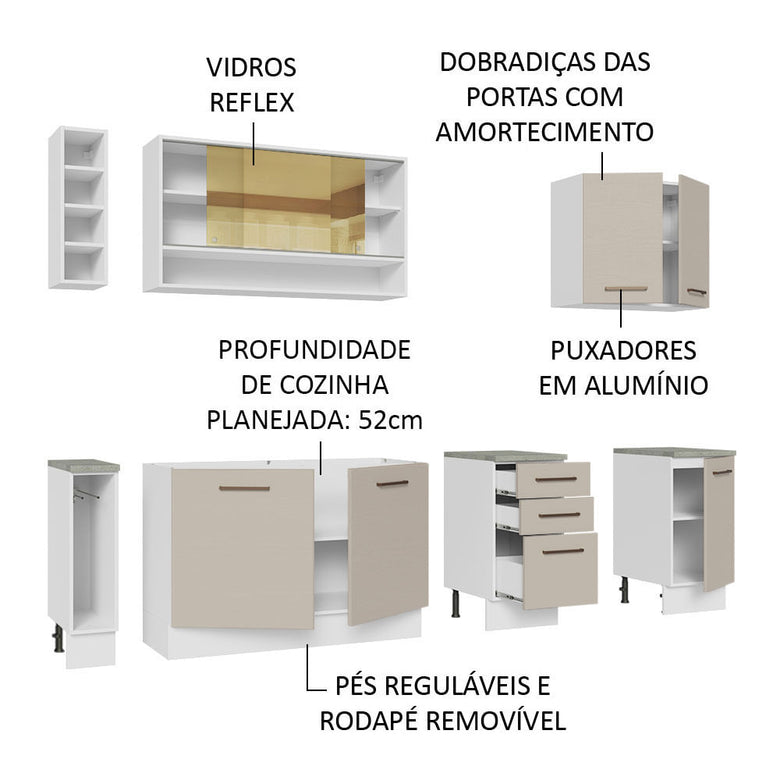 Armário de Cozinha Completa 220cm Branco/Crema Agata da Thêmis Madesa