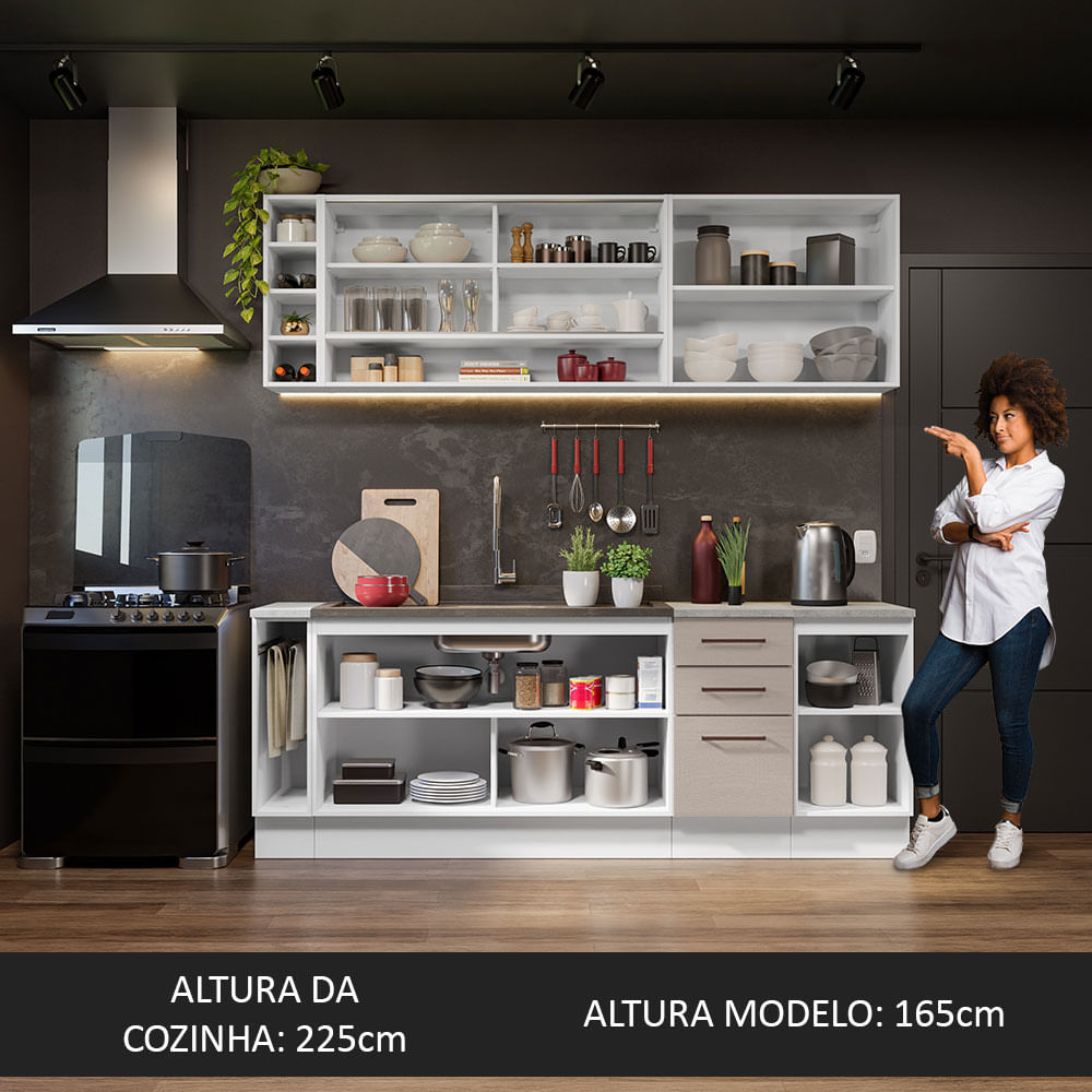 Armário de Cozinha Completa 220cm Branco/Crema Agata da Thêmis Madesa