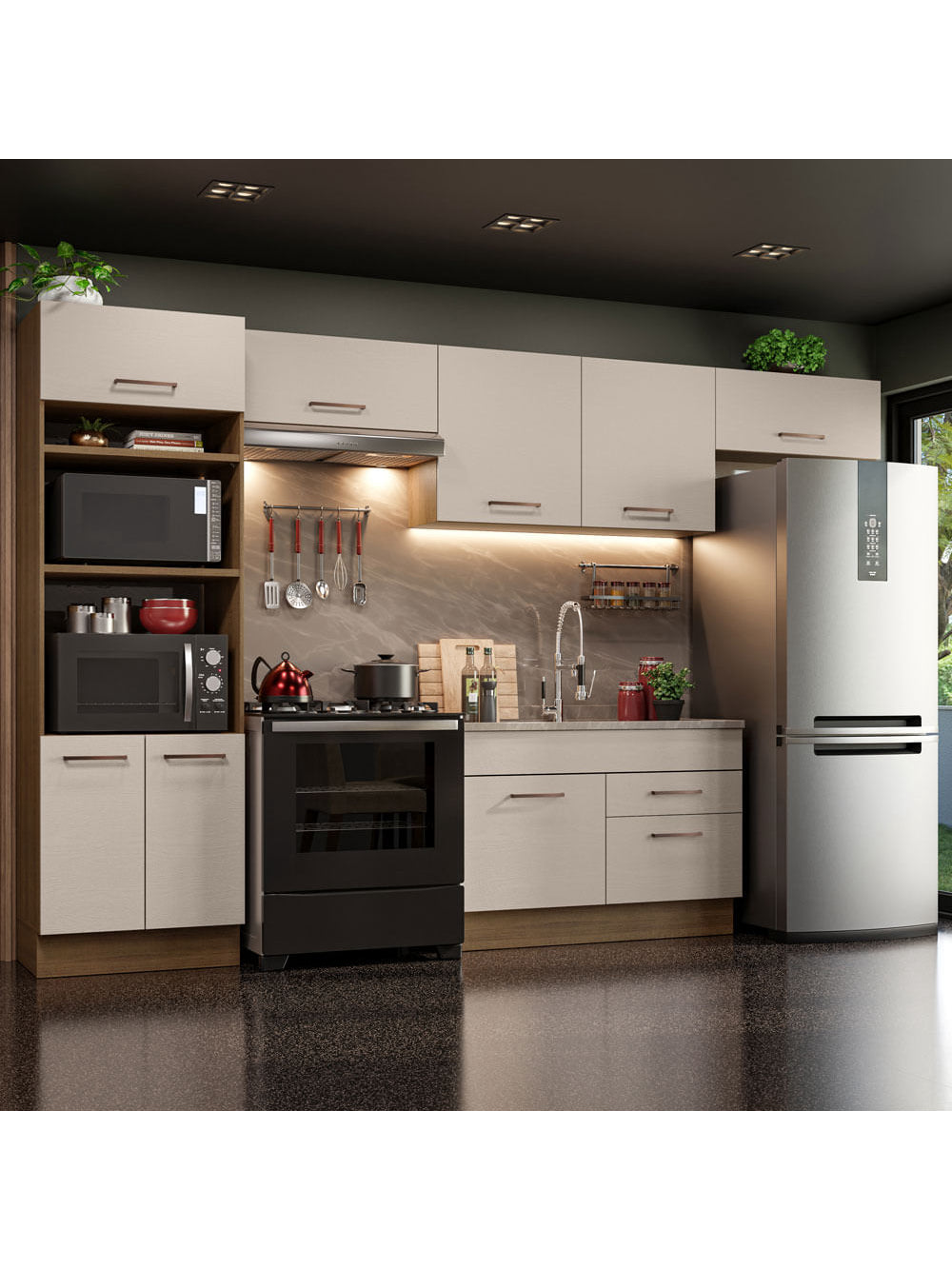 Armário de Cozinha Completa 350cm Rustic/Crema Agata Madesa 01 - Rustic/Crema