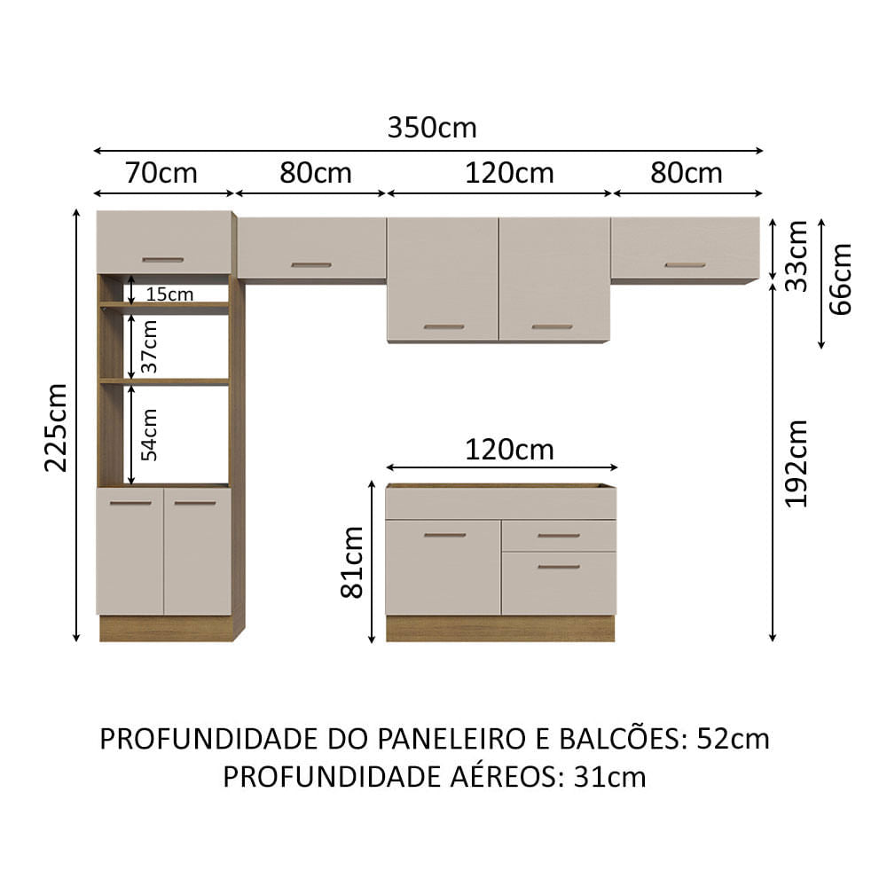 Armário de Cozinha Completa 350cm Rustic/Crema Agata Madesa 01