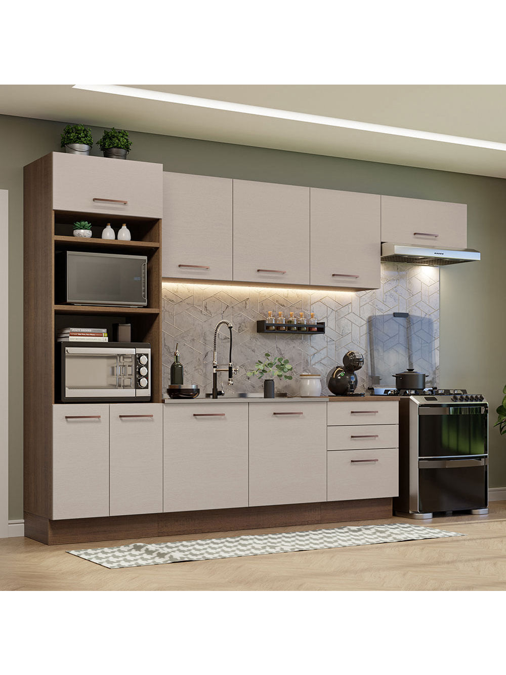 Armário de Cozinha Completa 330cm Rustic/Crema Agata Madesa 01 - Rustic/Crema