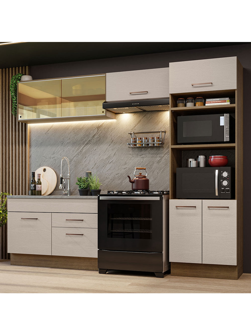 Armário de Cozinha Completa 270cm Rustic/Crema Agata Madesa 05 - Rustic/Crema