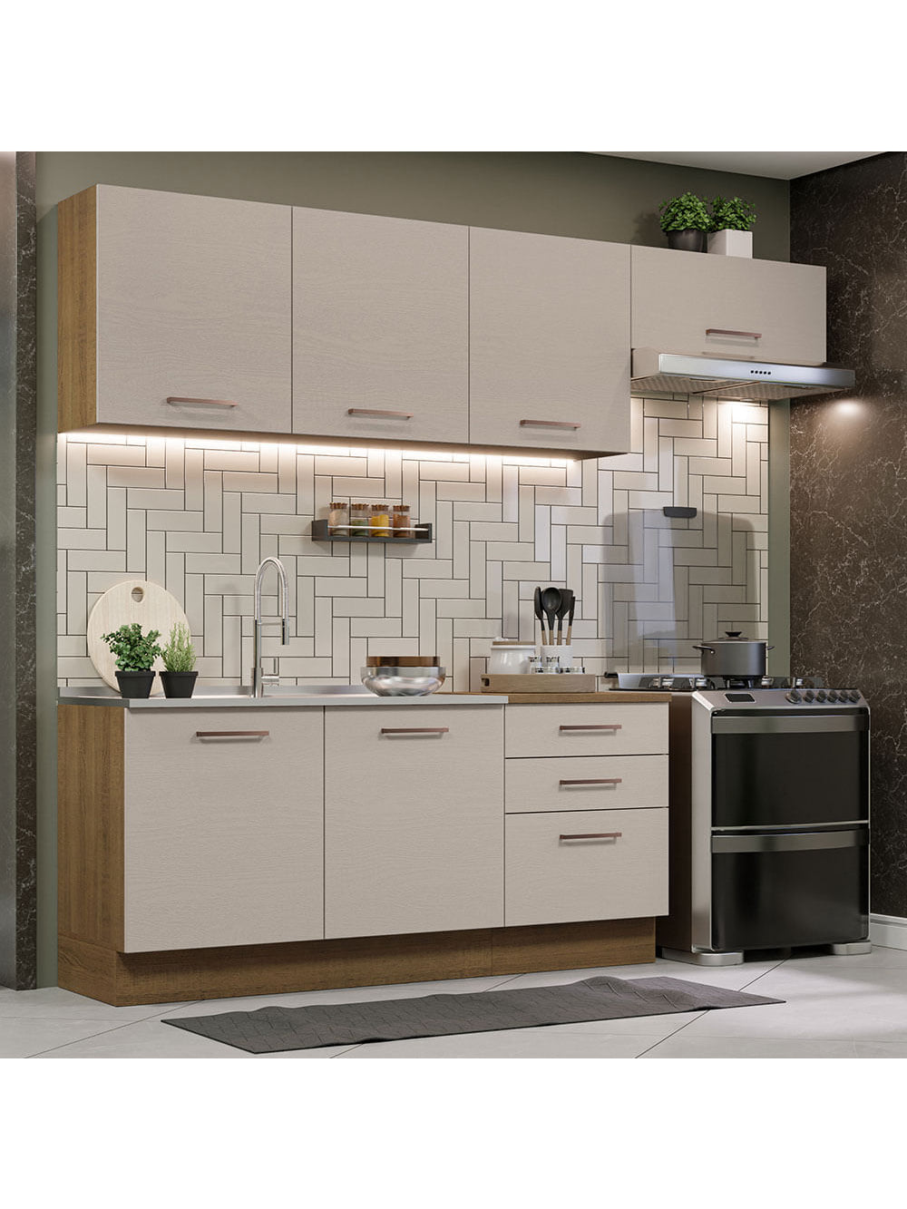 Armário de Cozinha Completa 260cm Rustic/Crema Agata Madesa 02 - Rustic/Crema