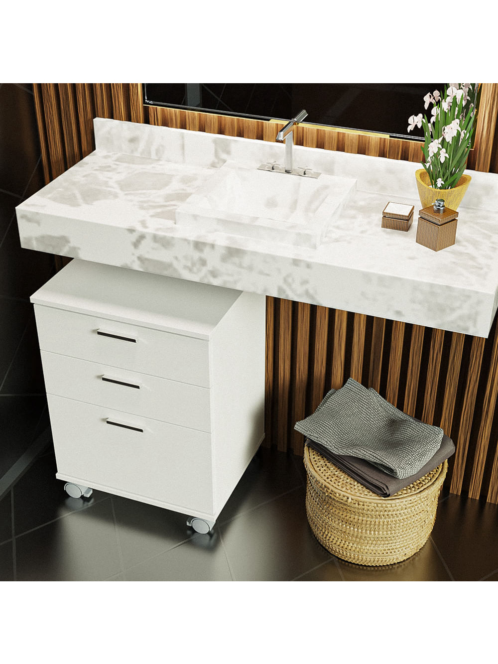 Gaveteiro para Banheiro Branco com 3 Gavetas e Rodinhas Madesa - Branco