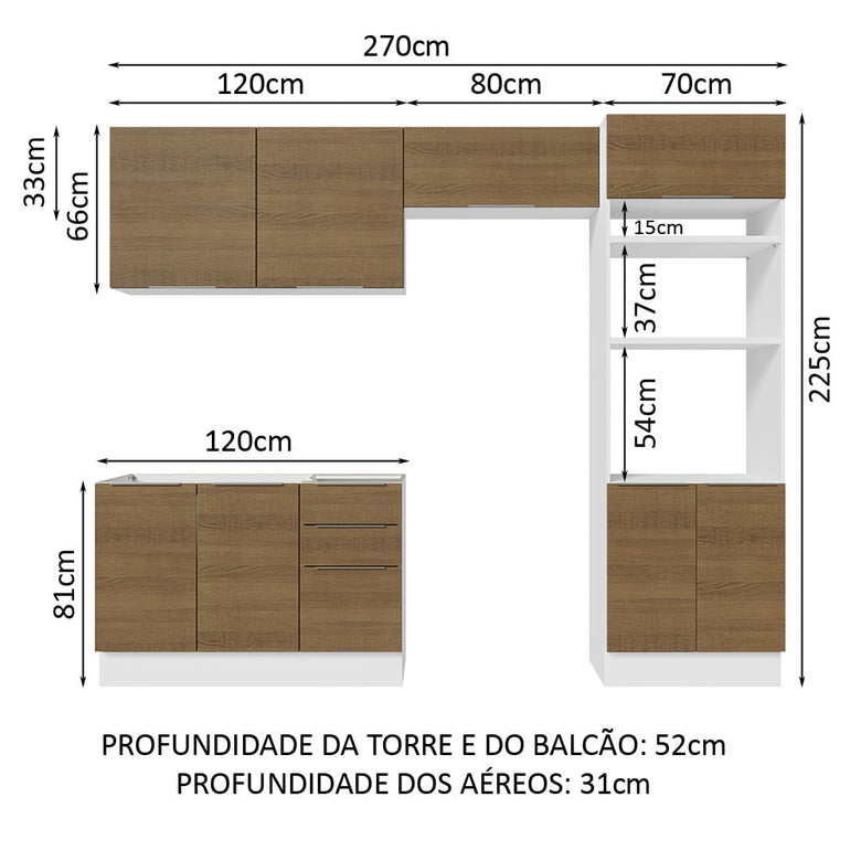 Armário de Cozinha Completa 270cm Branco/Rustic Stella Madesa 05