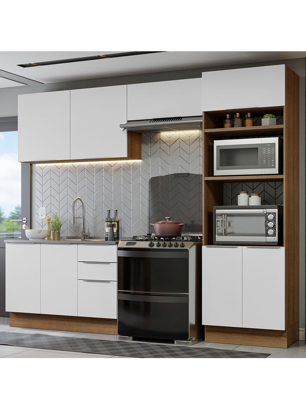 Armário de Cozinha Completa 270cm Rustic/Branco Stella Madesa 05 - Rustic/Branco