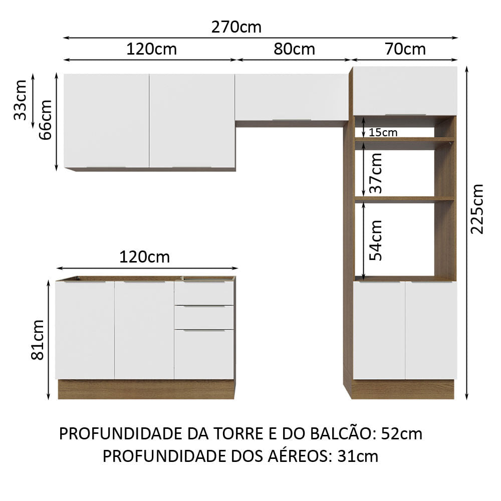 Armário de Cozinha Completa 270cm Rustic/Branco Stella Madesa 05