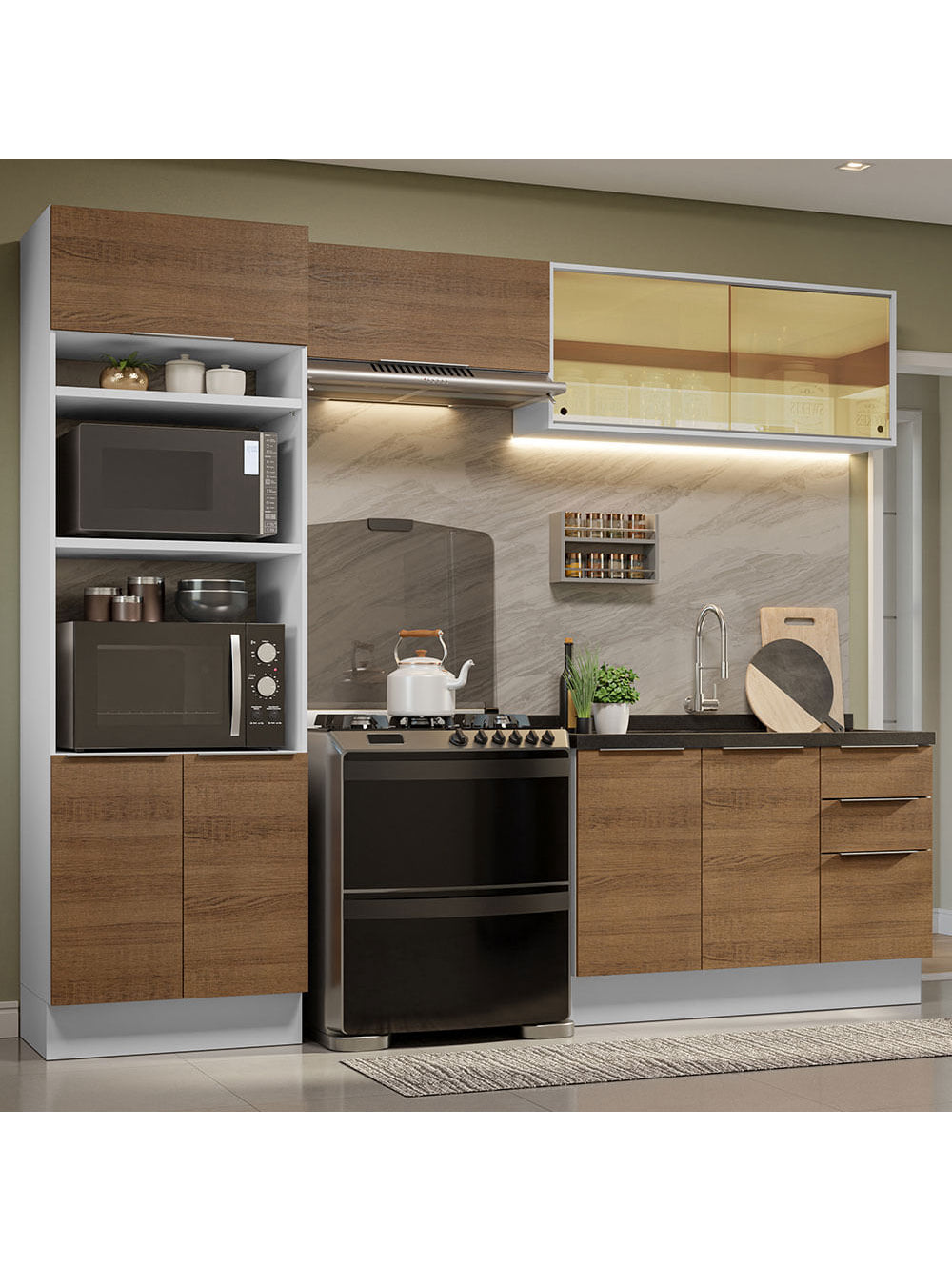 Armário de Cozinha Completa 270cm Branco/Rustic Stella Madesa 06 - Branco/Rustic