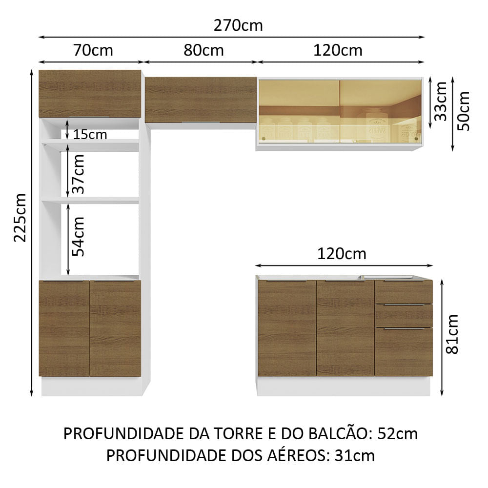 Armário de Cozinha Completa 270cm Branco/Rustic Stella Madesa 06
