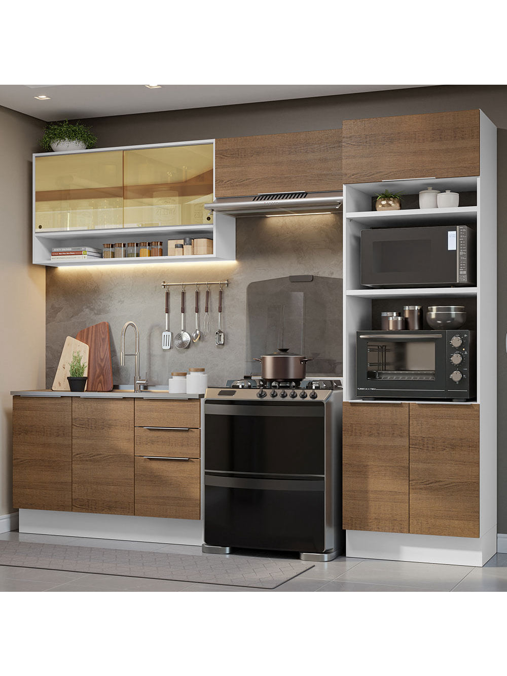 Armário de Cozinha Completa 270cm Branco/Rustic Stella Madesa 07 - Branco/Rustic