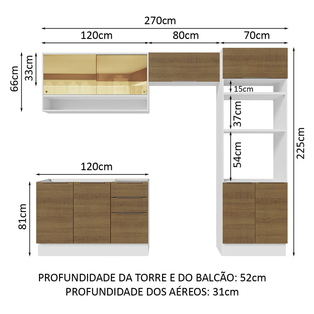 Armário de Cozinha Completa 270cm Branco/Rustic Stella Madesa 07