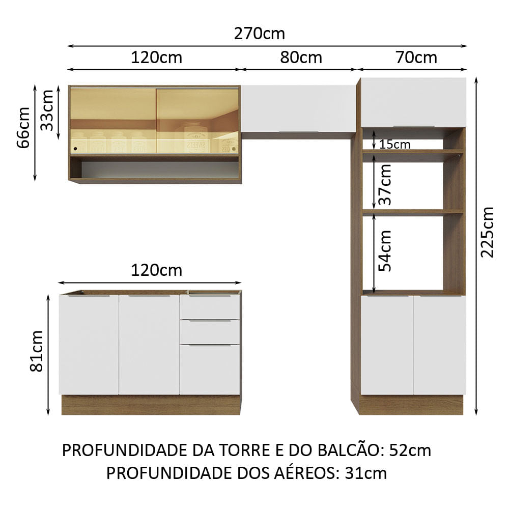 Armário de Cozinha Completa 270cm Rustic/Branco Stella Madesa 07