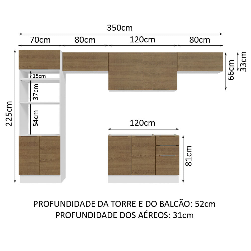Armário de Cozinha Completa 350cm Branco/Rustic Stella Madesa 01
