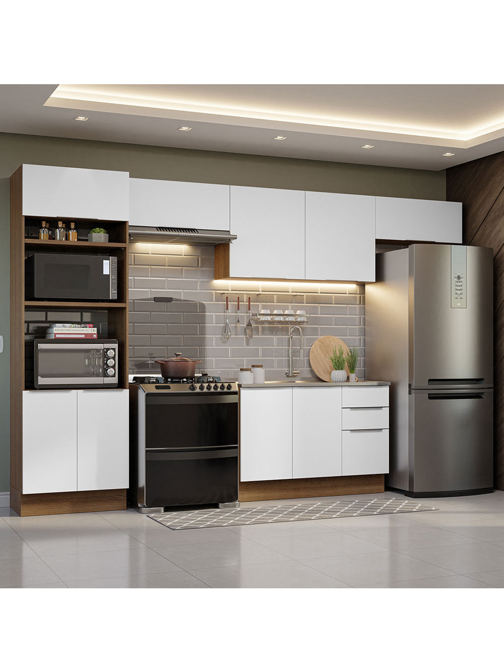 Armário de Cozinha Completa 350cm Rustic/Branco Stella Madesa 01 - Rustic/Branco