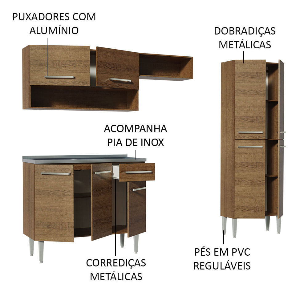 Armário de Cozinha Compacta 229cm com Pia Rustic Emilly Madesa 10