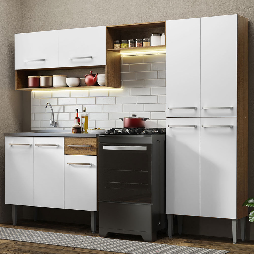 Armário de Cozinha Compacta 229cm com Pia Rustic/Branco Emilly Madesa 10 - Rustic/Branco