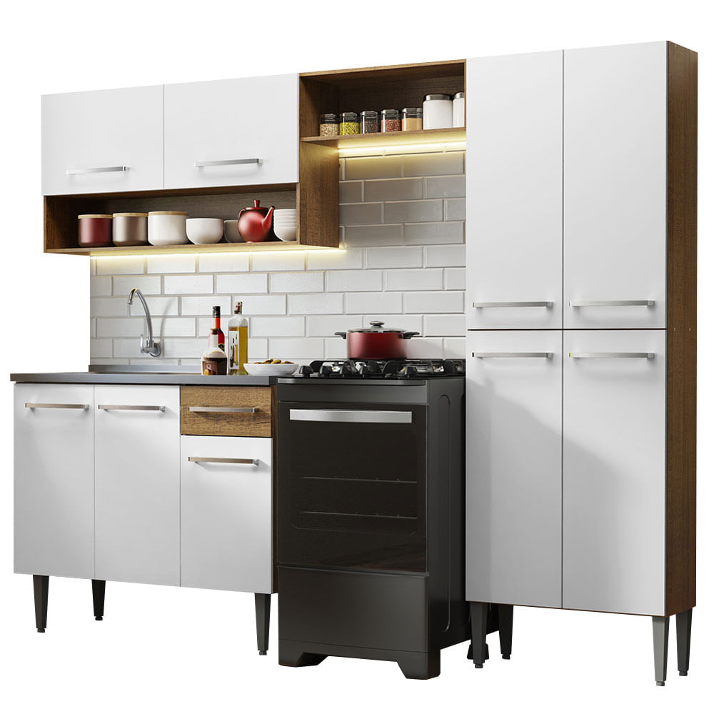 Armário de Cozinha Compacta 229cm com Pia Rustic/Branco Emilly Madesa 10 - Rustic/Branco