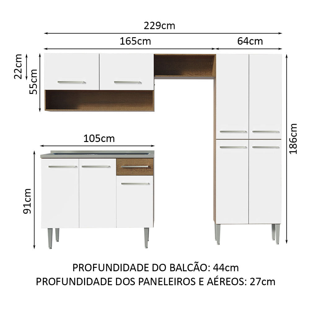 Armário de Cozinha Compacta 229cm com Pia Rustic/Branco Emilly Madesa 10