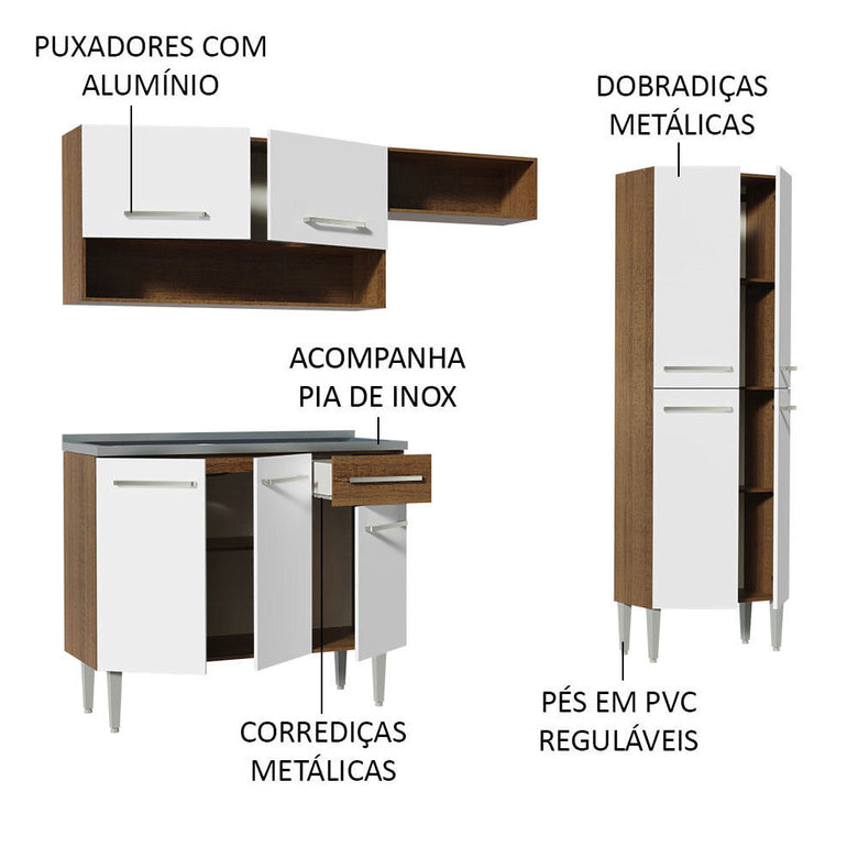 Armário de Cozinha Compacta 229cm com Pia Rustic/Branco Emilly Madesa 10