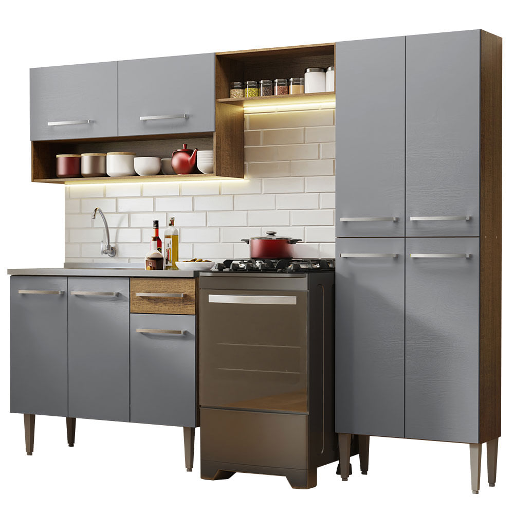 Armário de Cozinha Compacta 229cm com Pia Rustic/Cinza Emilly Madesa 10 - Rustic/Cinza