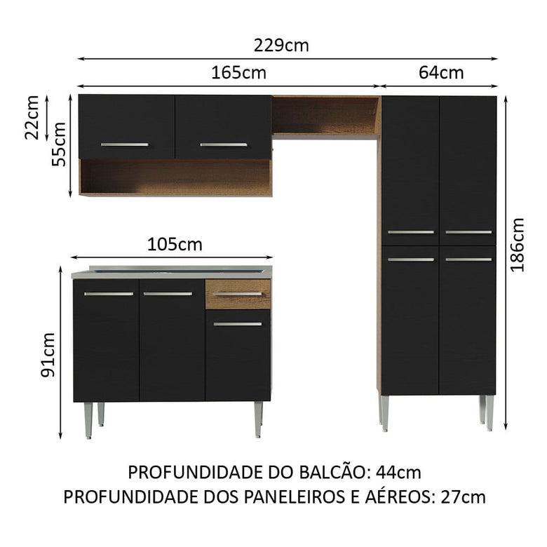 Armário de Cozinha Compacta 229cm com Pia Rustic/Preto Emilly Madesa 10