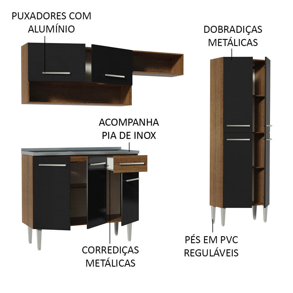 Armário de Cozinha Compacta 229cm com Pia Rustic/Preto Emilly Madesa 10