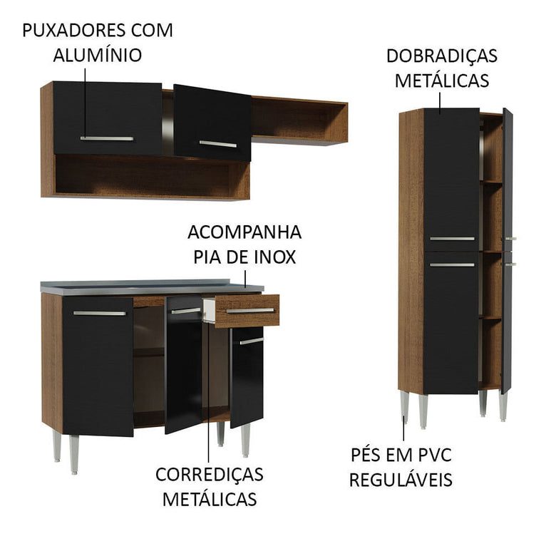 Armário de Cozinha Compacta 229cm com Pia Rustic/Preto Emilly Madesa 10