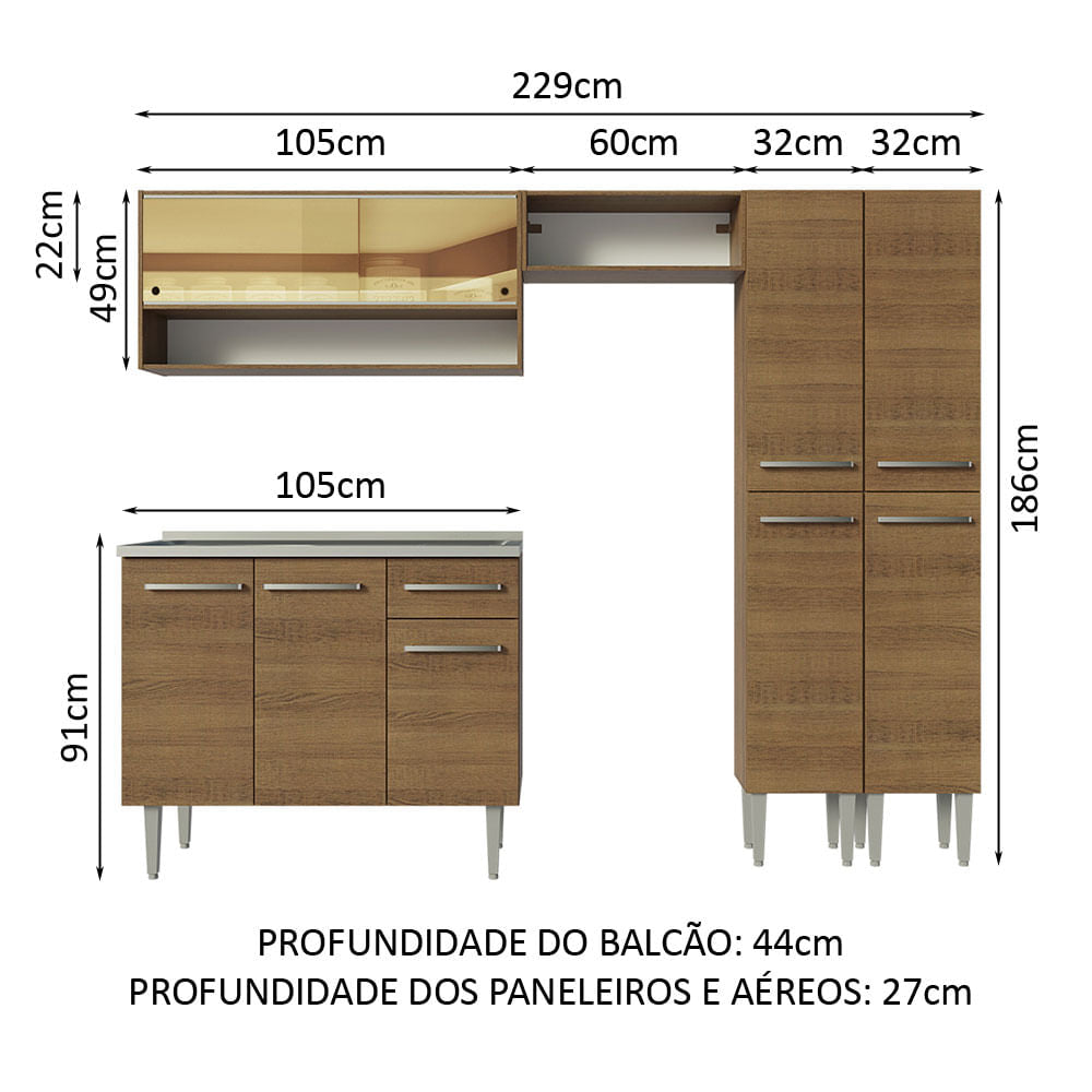 Armário de Cozinha Compacta 229cm com Pia Rustic Emilly Madesa 11