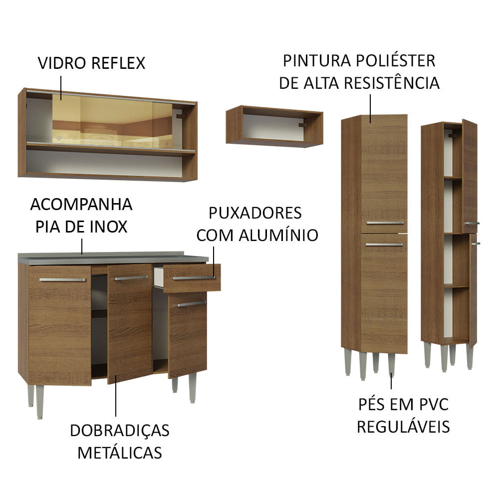 Armário de Cozinha Compacta 229cm com Pia Rustic Emilly Madesa 11